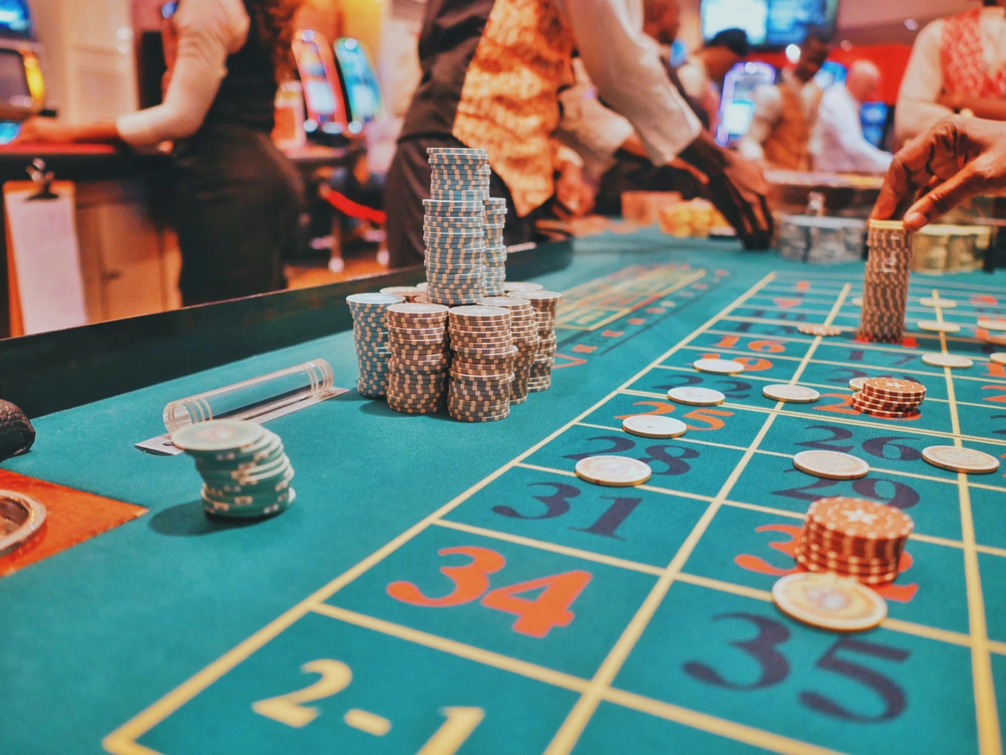 Chips stacked on a roulette layout